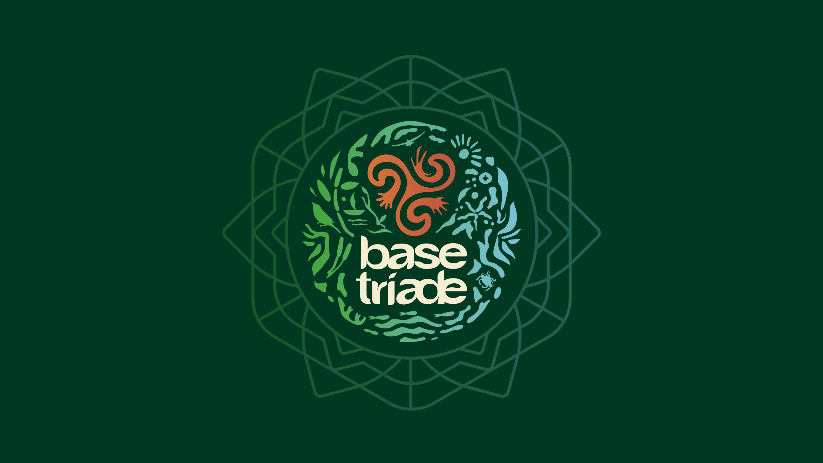 Mandala Base Tríade — triskle com geometria sagrada e elementos da Mata Atlântica